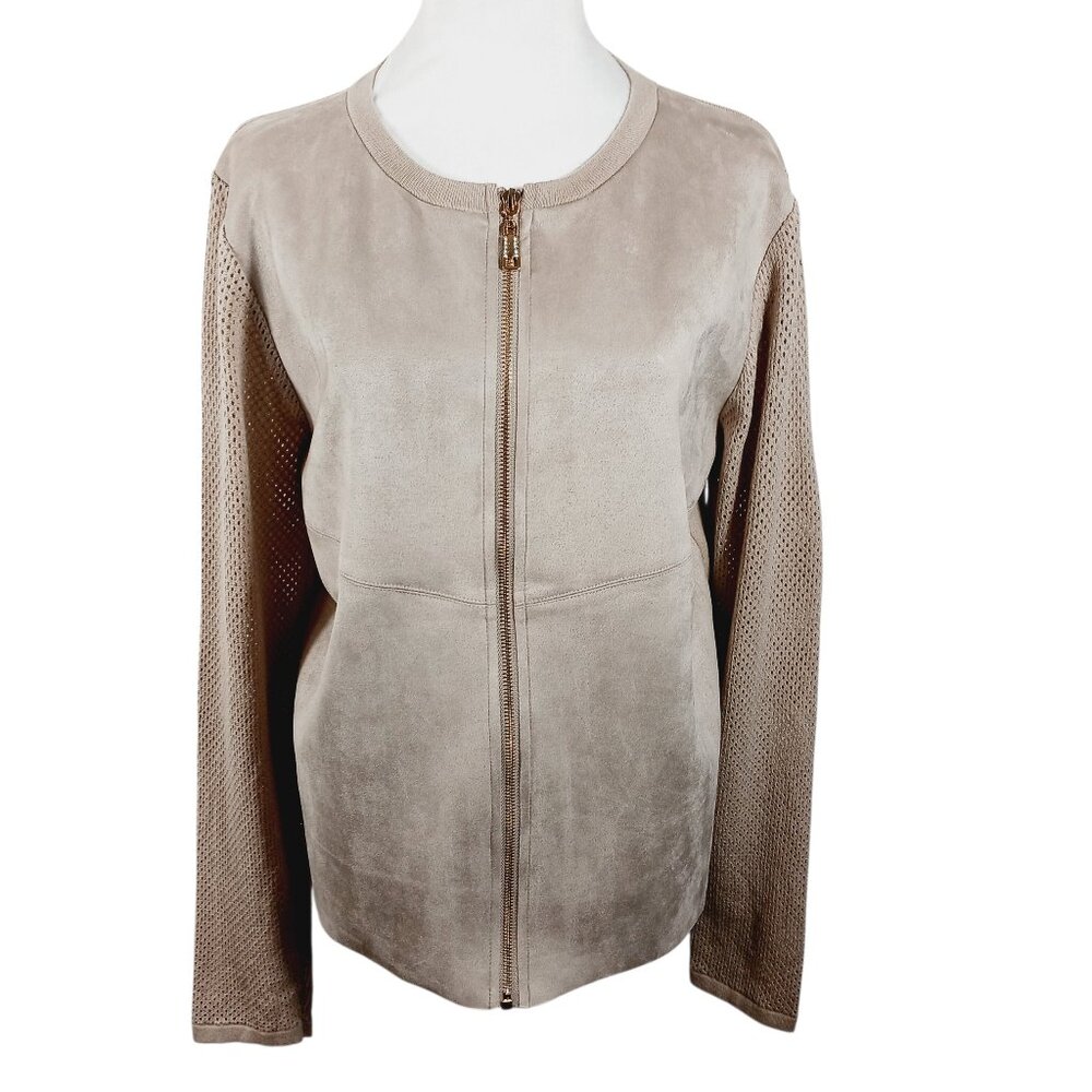 Sioni, Faux Suede Zip Jacket Beige - Tan, Mesh Sleeves, Sz Large, Neutral, Chic